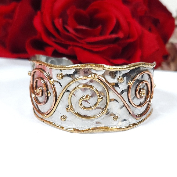 Gold & Bronze Swirl Hammer Texture Silver Cuff Bracelet Mixed Metal Bracelet - Picture 1 of 11